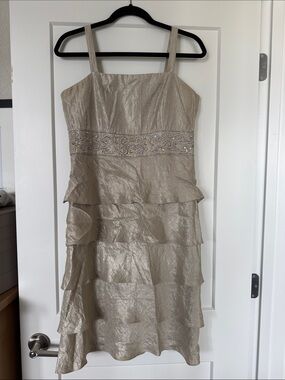 Shimmery Tiered Cocktail Dress with Embellished Waistband - Champagne